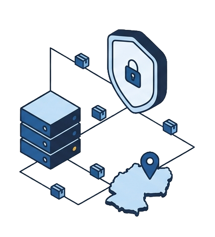 Illustration: Schild mit Schloss neben einem Server-Rack und einer Deutschland-Markierung – Sinnbild für sichere, unabhängige Cloud-Services mit Serverstandort Deutschland.