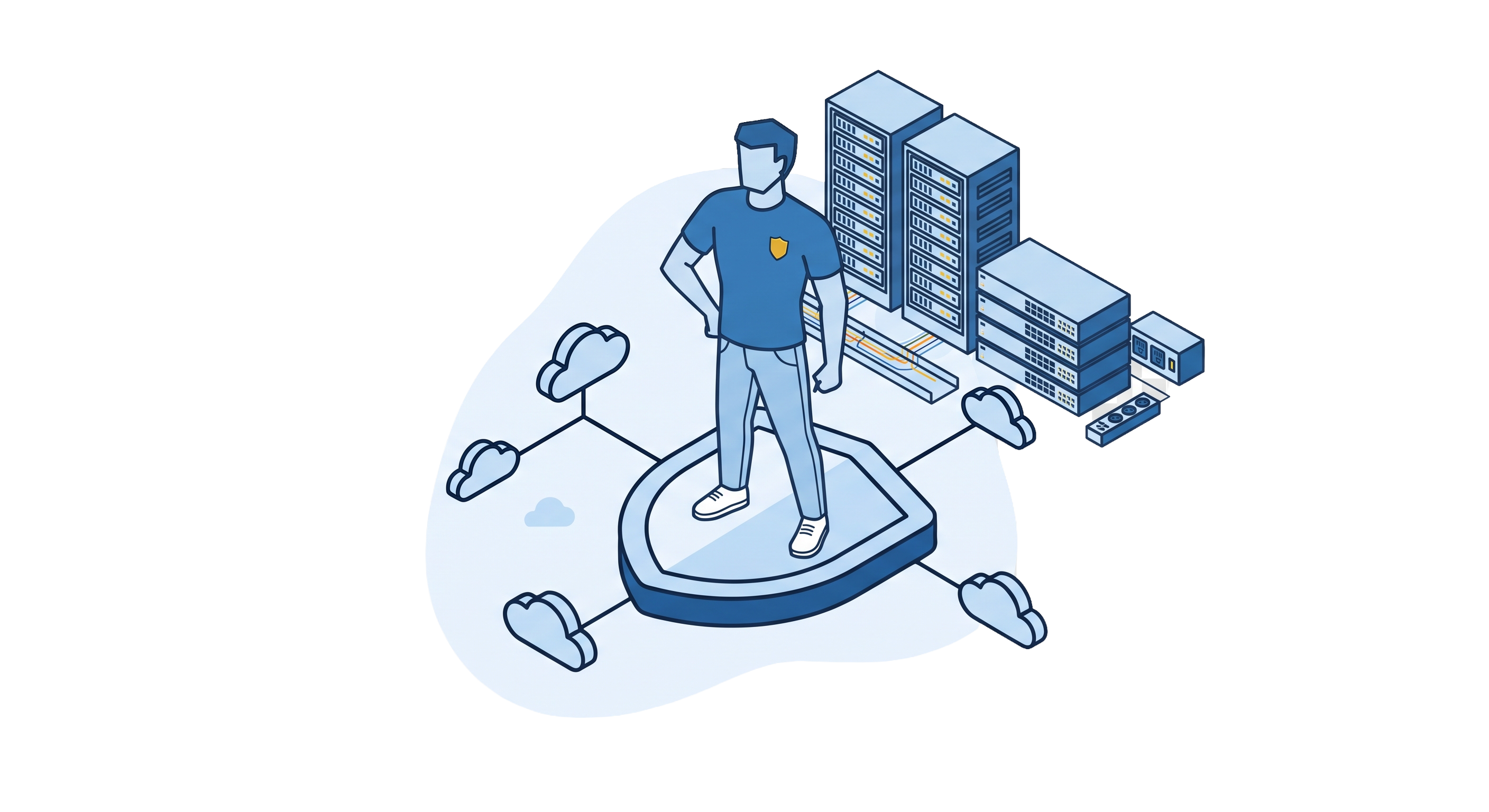 Illustration: Eine Person steht sicher auf einer schildförmigen Plattform, verbunden mit Cloud-Symbolen und Server-Racks im Hintergrund – Sinnbild für unabhängige, souveräne Cloud-Infrastruktur.